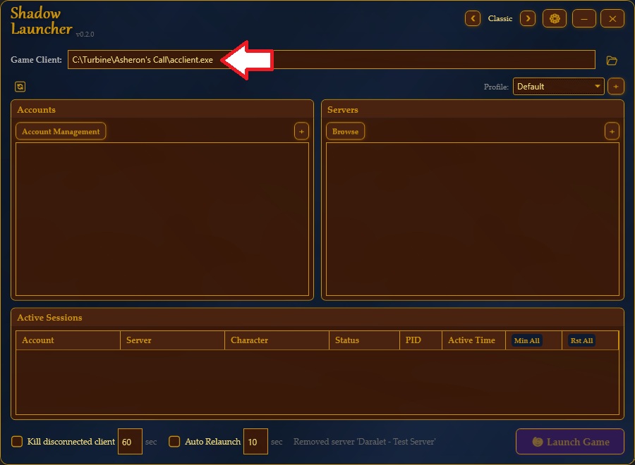 Shadow Launcher's Game Client field pointed at acclient.exe