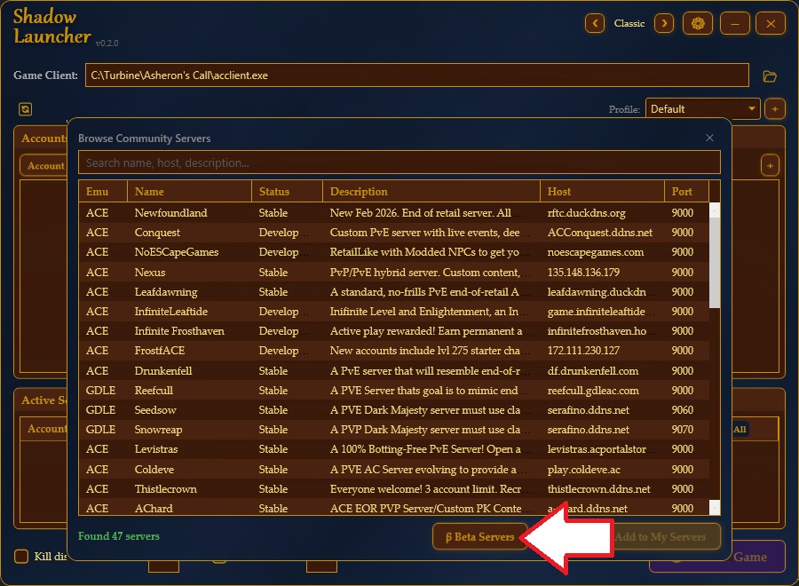 Browse Community Servers dialog with the Beta Servers button highlighted