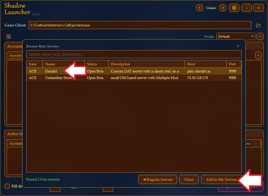 Daralet selected in the Browse Beta Servers list