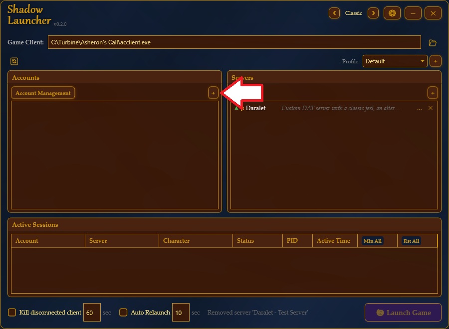 Adding an account in Shadow Launcher