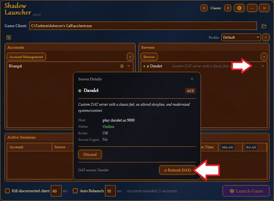 Server Details panel for Daralet with the Refresh DATs button highlighted