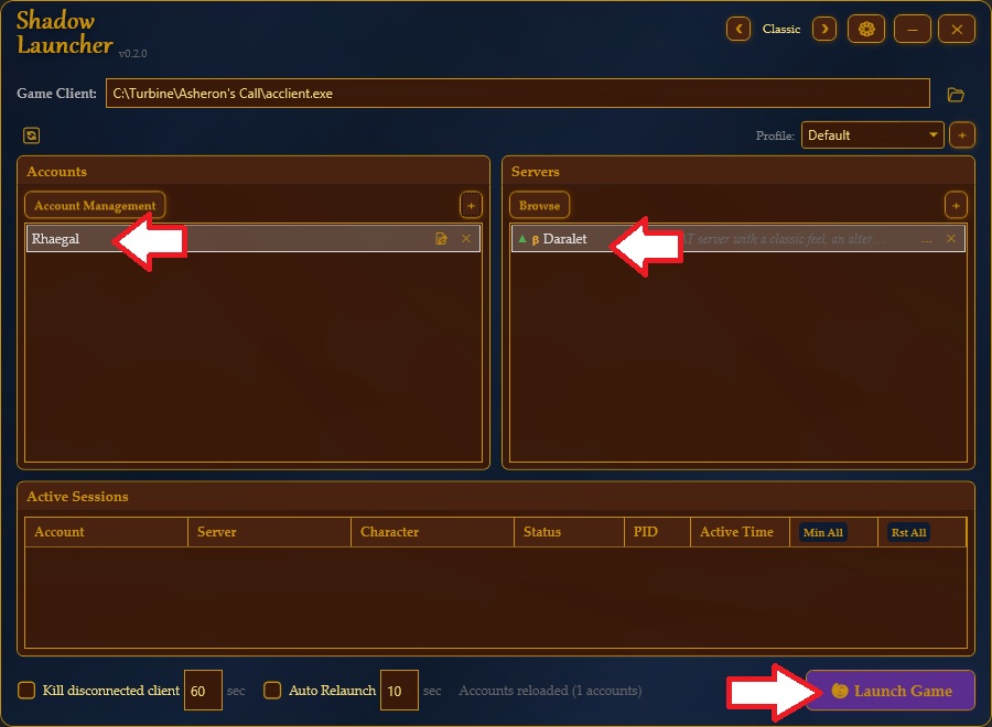 Account and Daralet server selected, ready to launch