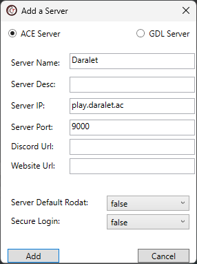 Entering Daralet's server details in the Add a Server window