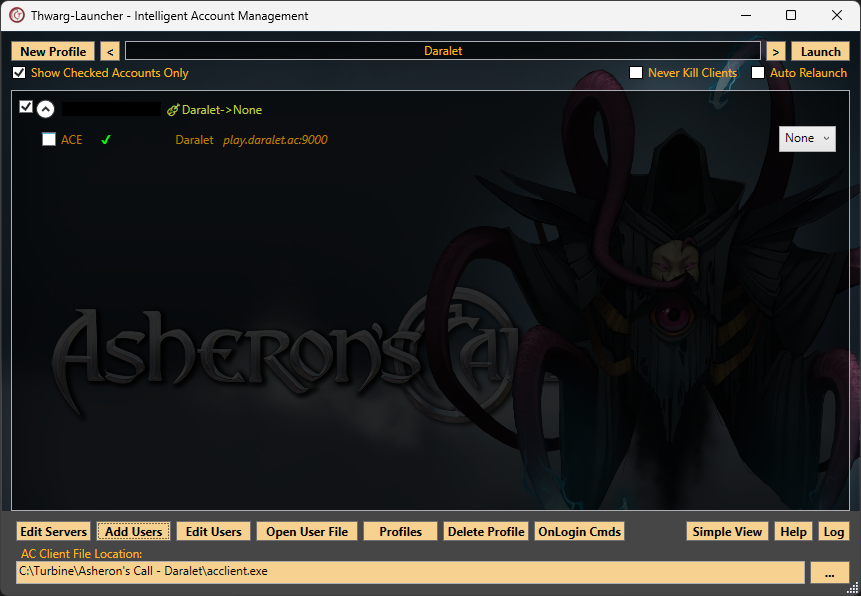 Account checked and Daralet server selected, ready to launch