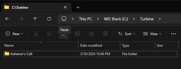 Pasting the copied Asheron's Call folder