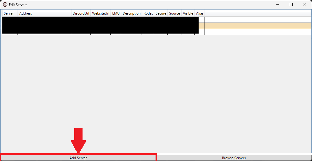 The Add Server button in the Browse Servers window