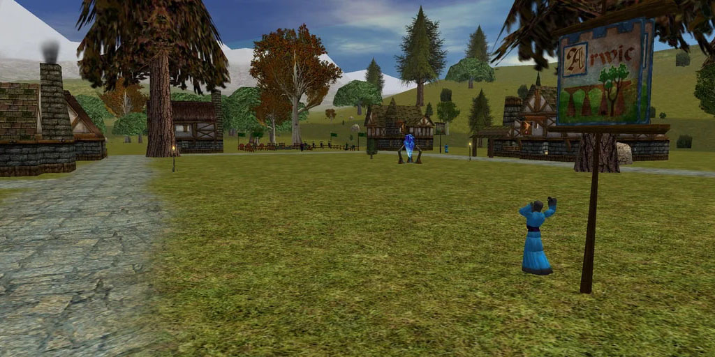 Arwic, an Aluvian town in Daralet, with its town sign and surrounding buildings